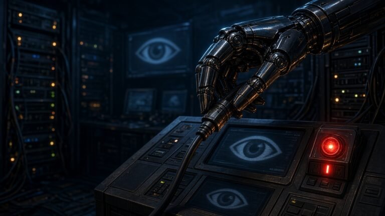 Robotic hand unplugging a cable from a security monitoring console